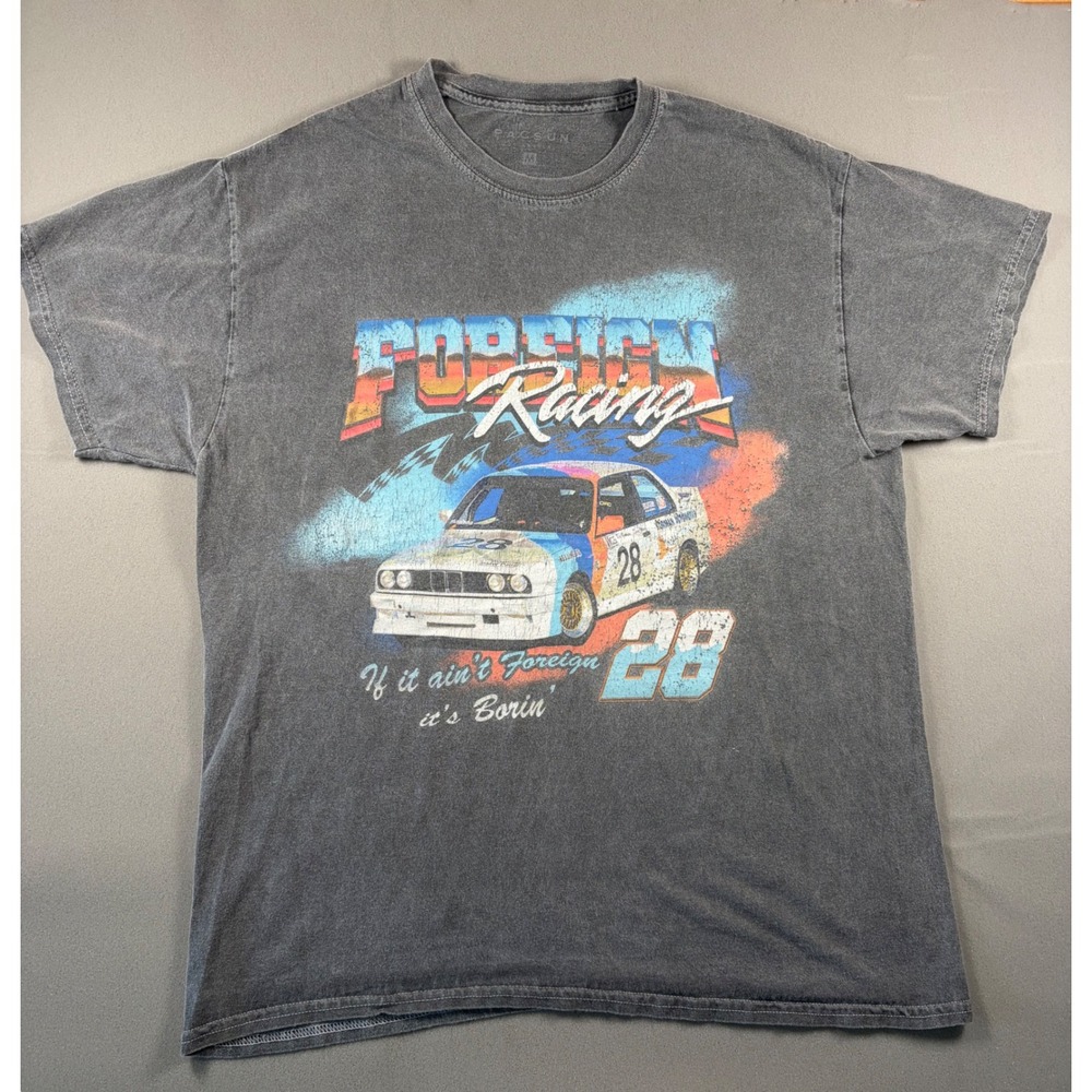 PacSun Foreign Racing Graphic T-Shirt Mens Medium Gray Washed Cotton Car Tee